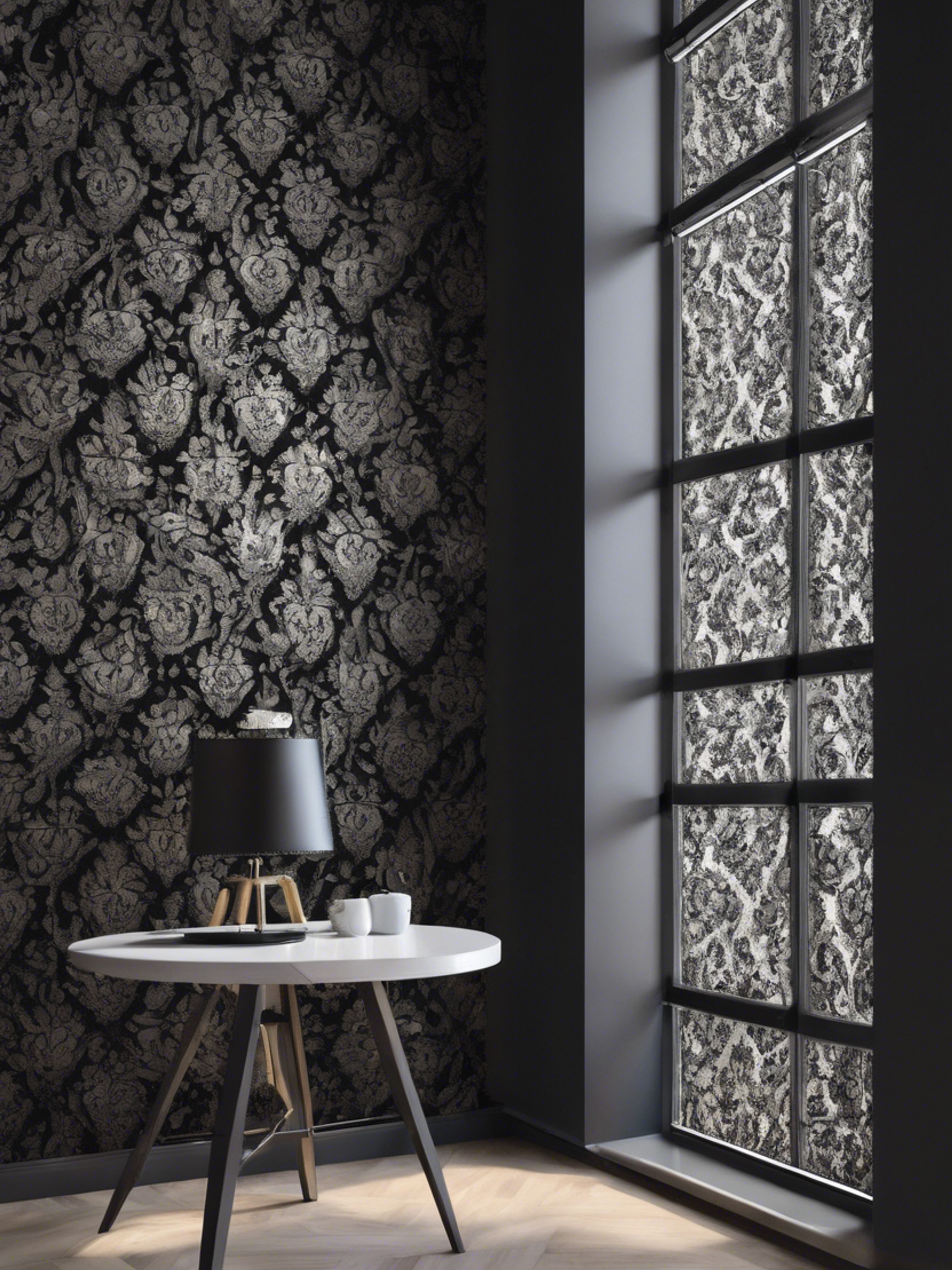 A black damask wallpaper accent wall in a modern loft space. Wallpaper[f7518270285b49a98e44]