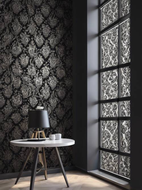 A black damask wallpaper accent wall in a modern loft space.