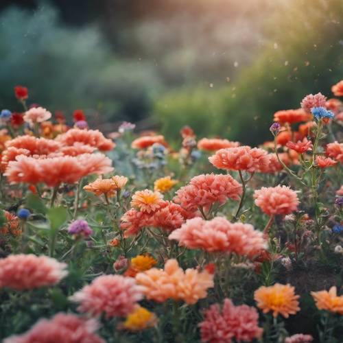 A colorful mix of coral flowers among a wildflower patch. Tapeta [f30f7db2124b4902b888]