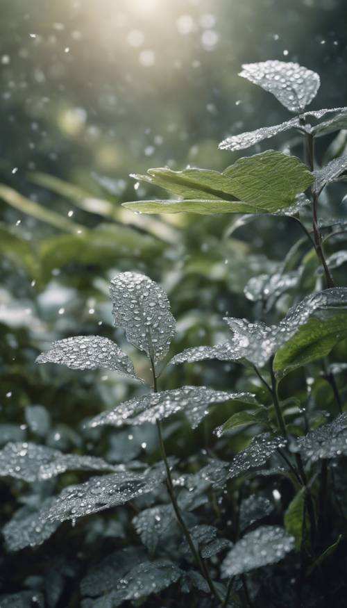 Kilka srebrzystolistnych roślin rosnących dziko w wypełnionym rosą lesie deszczowym.