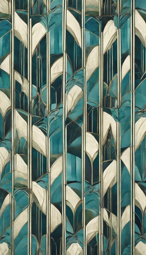 Un motivo Art Deco ripetuto e senza soluzione di continuità, intriso di toni tenui di blu e verde e caratterizzato da forme audaci e strutturali.