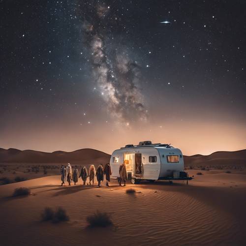 一支遊牧民族的商隊在閃閃發光的星空下行進在無邊無際的沙漠中。