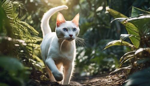 חתול סיאמי לבן ומלוטש צונח בג&#39;ונגלים צפופים, שערו מחודד ועיניו פעורות באדרנלין בזמן שהוא צד את טרפו.