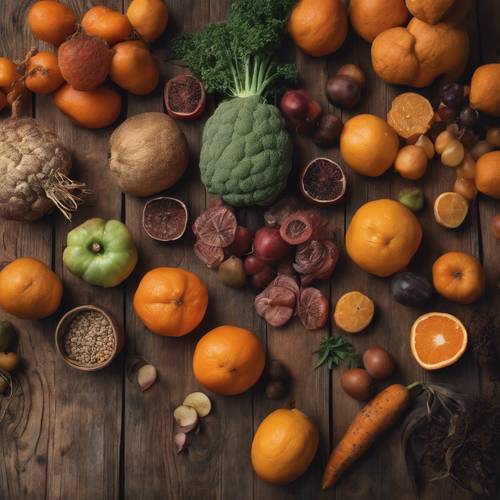 Ein Stillleben mit Obst und Gemüse in verschiedenen Orange- und Brauntönen auf einem rustikalen Holztisch.