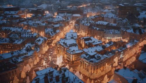 Una impresionante vista aérea de una ciudad decorada con vibrantes luces navideñas.