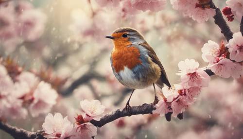 ビンテージ風の春の設定で、古風な赤い色の鳥が桜の枝にいる壁紙