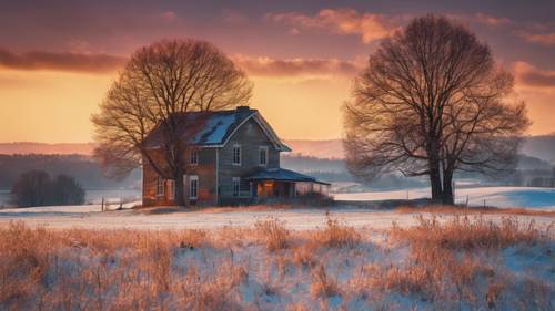 Uma quinta solitária sob as cores cativantes de um sol poente de inverno.