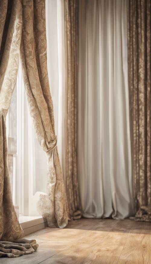 Cream damask curtains cascading down to a polished oak floor.