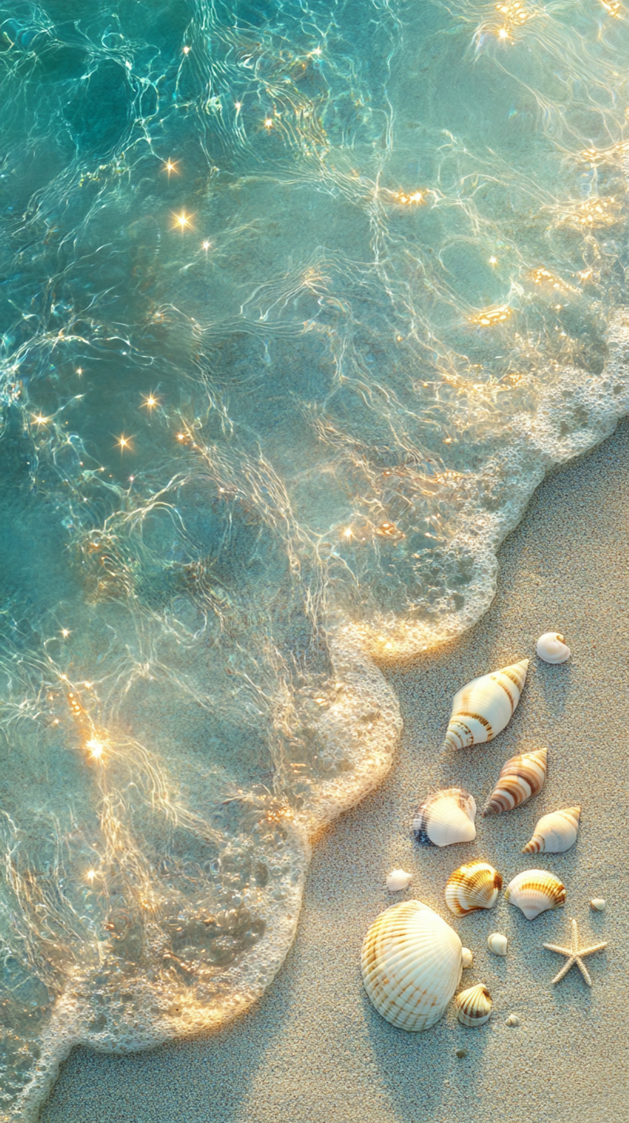 Sparkling Seascape and Shells on Sandy Shore Ფონი[0d13b188449545c581e2]