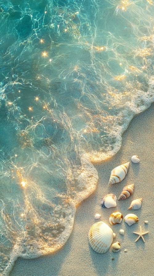 Sparkling Seascape and Shells on Sandy Shore Ფონი [0d13b188449545c581e2]