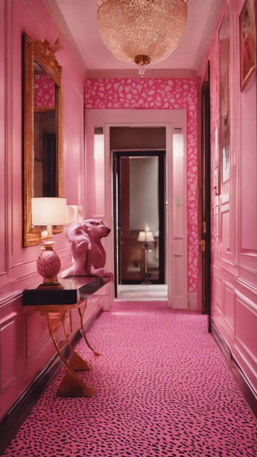 華やかな豪邸のエレガントな廊下に、斬新なピンクのチーターパターンの壁紙が施されています