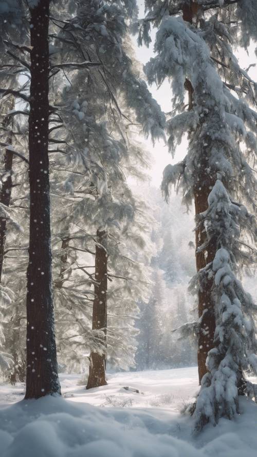 Hujan salju lembut di atas hutan yang damai, dengan pepohonan tinggi yang dipenuhi salju putih segar.
