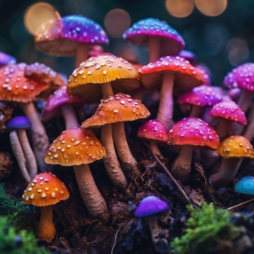 Um aglomerado de cogumelos variados em tons de néon em um conjunto de arco-íris brilhando suavemente sob o crepúsculo.
