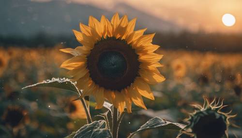 A sparkling dew-kissed black sunflower at dawn.