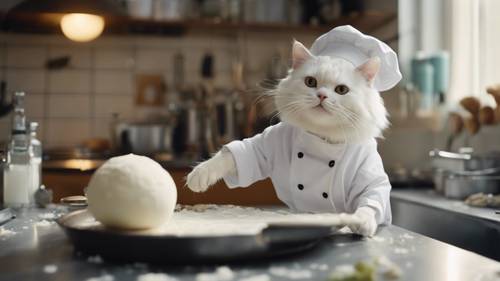 A whimsical art piece featuring a white cat dressed as a chef, humorously struggling to roll out dough in the kitchen.