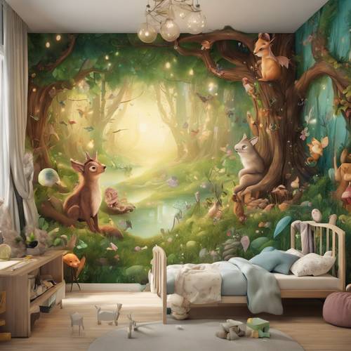 Une fresque murale dans une chambre d&#39;enfant représentant une forêt de conte de fées avec des créatures magiques.