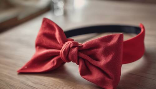 Red, preppy headband with a neatly tied bow on a table. Tapet [7457e76d2c1c4a5294f1]