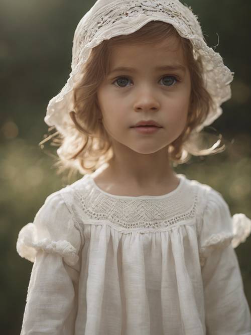 一件由纯白色亚麻布精心制作的小女孩罩衫裙。