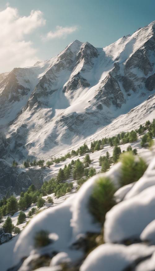 A scenic view of a snowy mountain range melting under the warm spring sun, revealing patches of greenery.