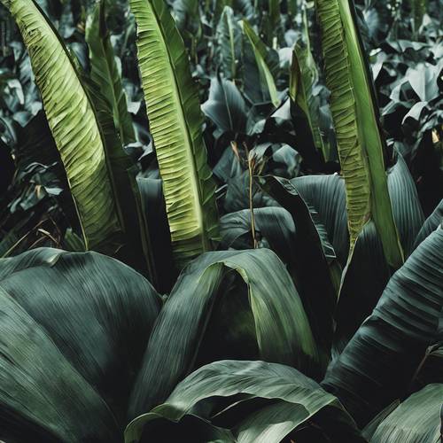 Pemandangan panorama ladang daun pisang hitam.