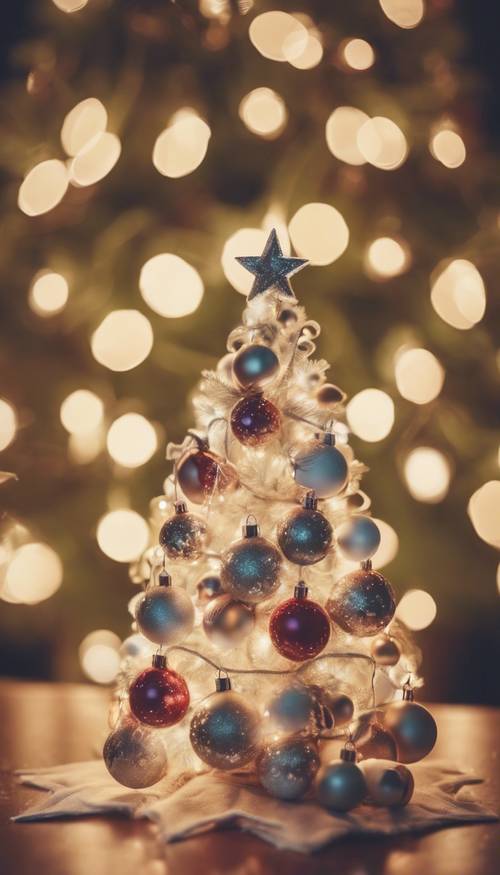 Preppy-Weihnachtsbaum im Vintage-Stil mit weißen Lichtern und handgefertigtem Schmuck.