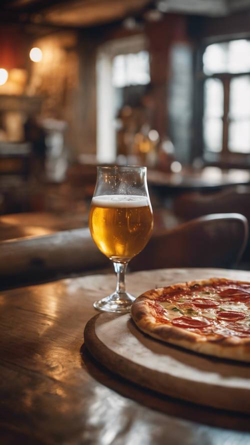 在舒适的酒吧里，一小块个人披萨，泡沫丰富，新鲜出炉，旁边是一杯泡沫丰富的精酿啤酒。