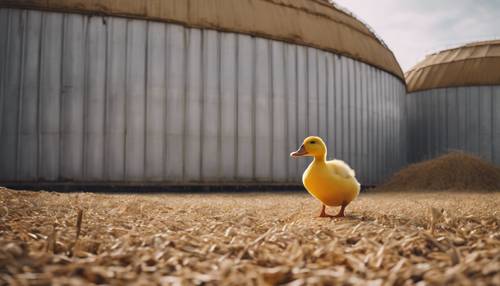 Samotna żółta kaczka w pobliżu magazynu zboża, rozglądająca się za ukrytym jedzeniem.