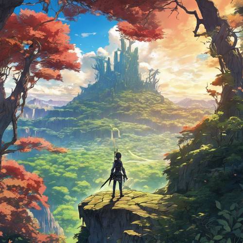A lonely adventurer standing on the edge of a fantastical forest as seen in anime like Sword Art Online.