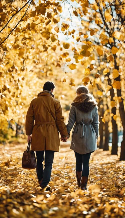 A couple walking hand in hand, surrounded by light yellow autumn leaves.
