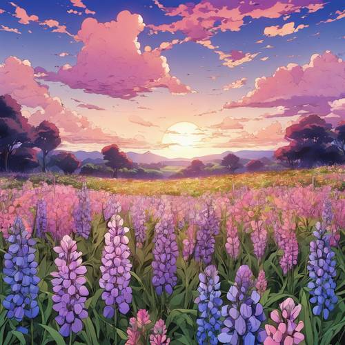 Pole kwiatowe o zmierzchu, ze szczególnym uwzględnieniem jednego fioletowego kwiatu łubinu, renderowanego w bogatym stylu graficznym anime.