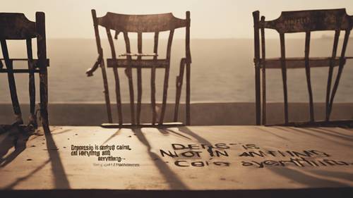 Empty chairs around a rusty table with a shadow looming over them and the inscription 'Depression is not caring about anything and at the same time, caring about everything'. Kertas dinding [48fbdfe18973402f86bf]