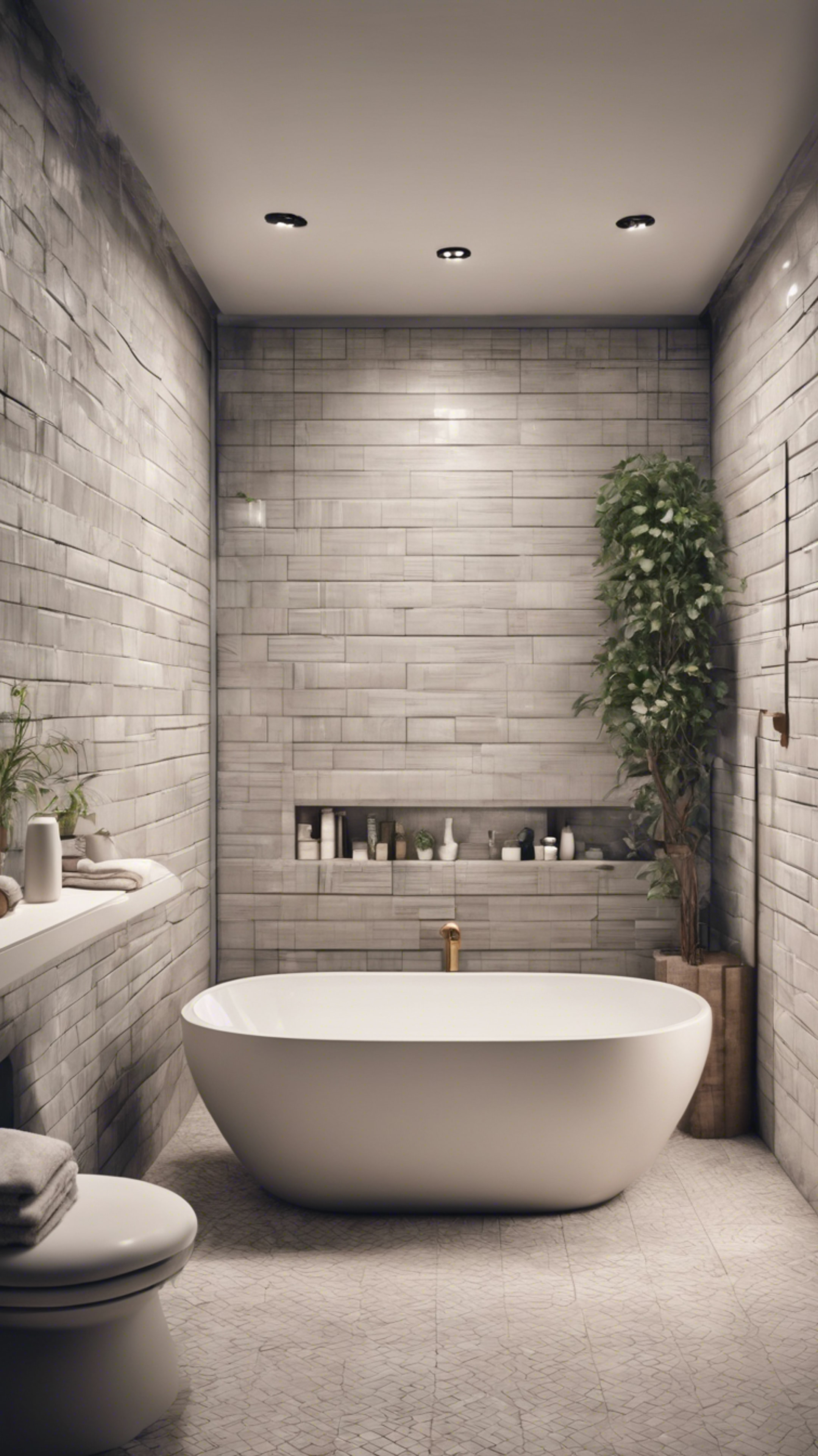 Minimalist modern bathroom interior with textured tile walls and a freestanding tub Wallpaper[2e1b0fa00a8c4569b9cd]