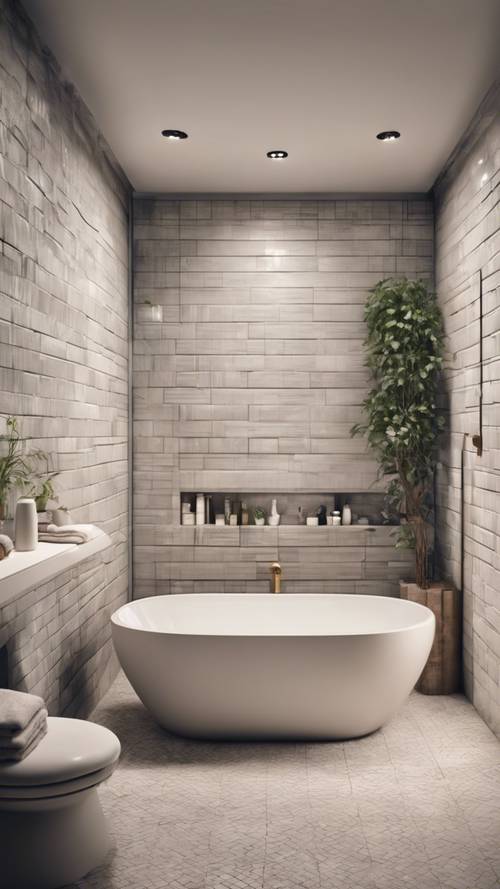פנים חדר אמבטיה מודרני מינימליסטי עם קירות אריחים בעלי מרקם ואמבטיה עצמאית