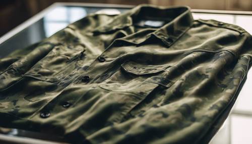Army green camo printed clothing lying on a glass table.