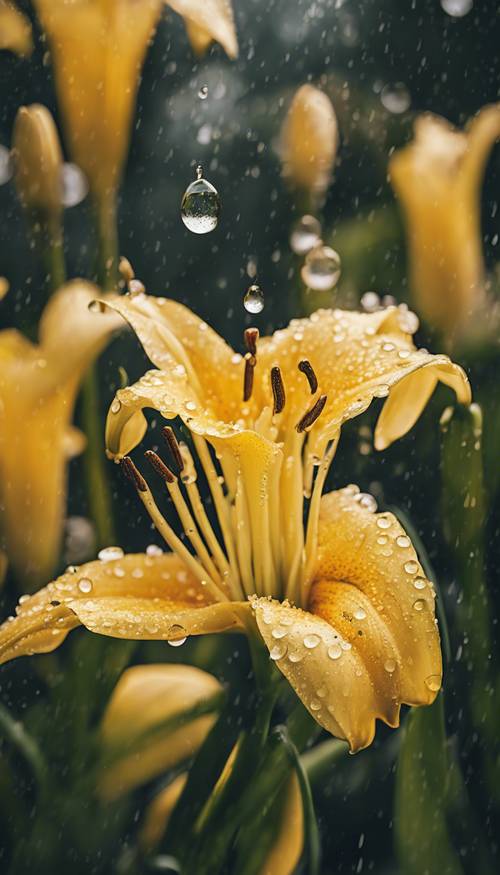 Um close de um lírio amarelo com gotas de chuva em suas pétalas.