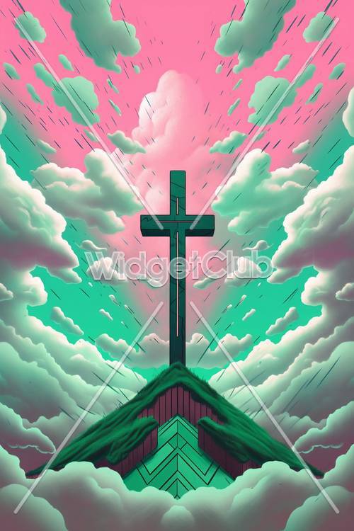Pink and Green Sky Cross Image