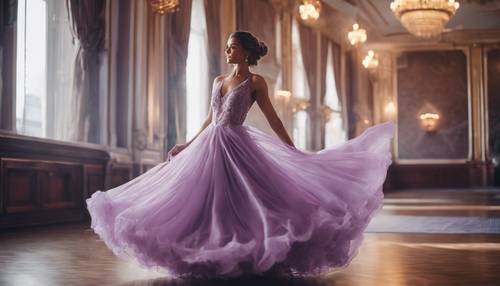 Seorang wanita anggun dengan gaun pesta ungu mengalir menari di ruang dansa mewah.