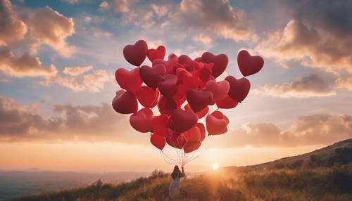 Un bouquet de ballons en forme de cœur est lâché dans le ciel depuis le sommet d&#39;une colline, lors d&#39;un coucher de soleil.