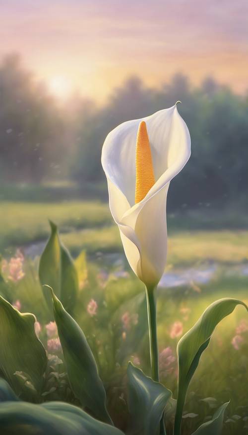 Lukisan pastel lembut yang menampilkan bunga calla lily di padang rumput saat matahari terbit di musim semi.