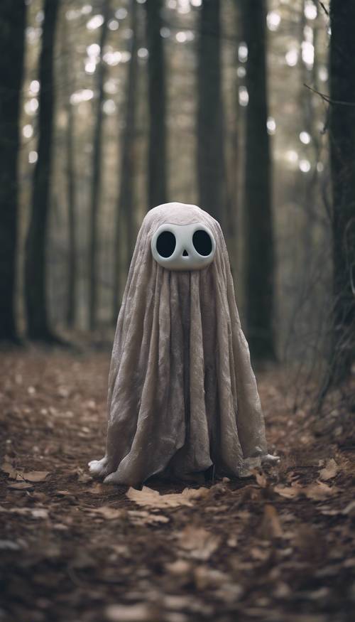 A childlike ghost with big innocent eyes and a sliver of moon behind in a creepy forest.