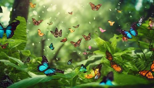 Una giungla verde lussureggiante brulicante di farfalle colorate che svolazzano intorno.