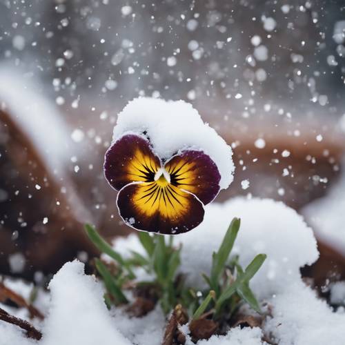 Une curieuse pensée brune regardant à travers une neige fraîche du printemps.