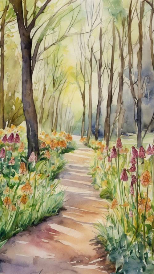 ציור בצבעי מים של שביל פארק שקט שלאורכו פריטילאים צבעוניים בלב האביב.
