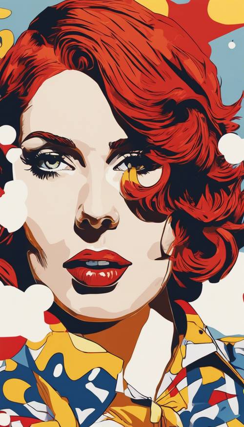 Sebuah potret seni pop seorang wanita berambut merah menyala dalam gaya Roy Lichtenstein.