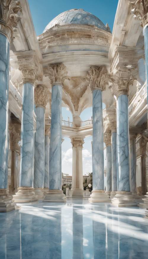 Une grande structure architecturale entièrement réalisée en marbre bleu clair dans la lumière radieuse de midi.