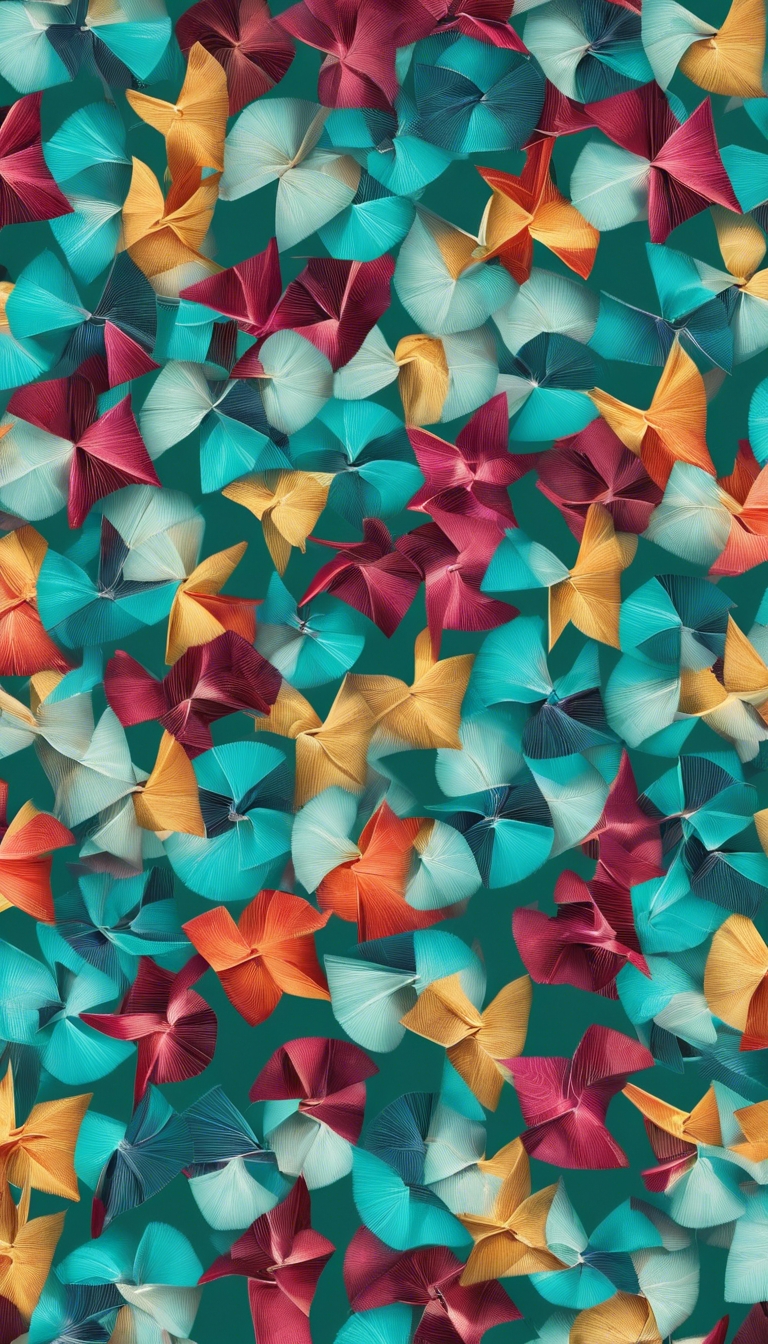 A bright, seamless pattern of colorful pinwheels spinning against a teal background. Tapéta[558a7110a76f4087b6dd]
