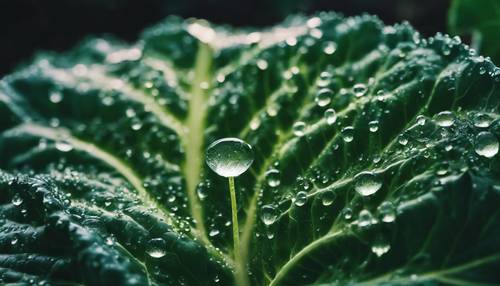 Dewdrops glistening on the surface of a dark green cabbage leaf. Tapeta [8a0220737cfc4708a13e]
