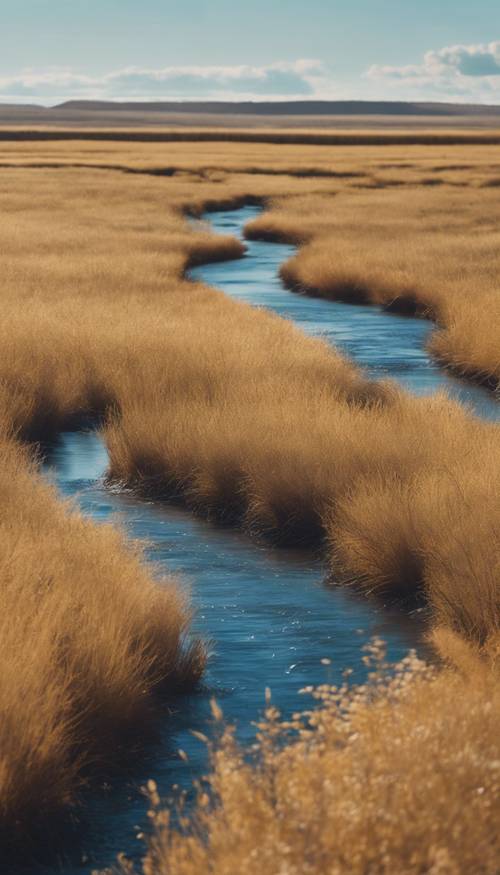 一条平静的蓝色河流蜿蜒流过一片广阔的金棕色草原。