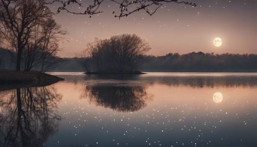 A lua lançando um brilho suave sobre um lago tranquilo, dando as boas-vindas serenas ao Ano Novo.