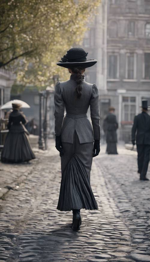Một quý cô thời Victoria mặc trang phục màu đen và xám tinh tế đang đi bộ trên con đường lát đá cuội&quot;.
